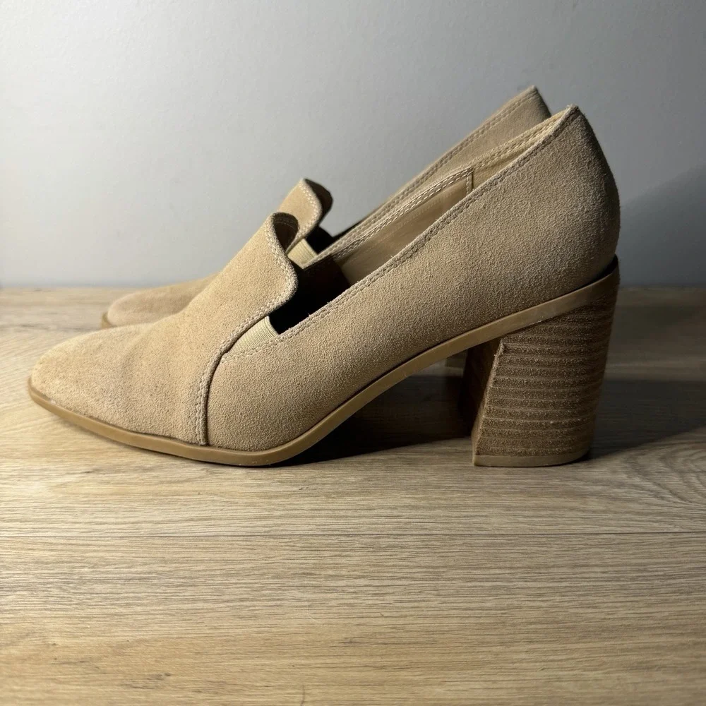 Joie Heeled Loafers Tan Suede Square Toe Block‎ Heel Slip On Mules 8.5 Career